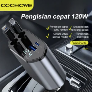 Coobowe MLB02 120W Fast Car Charger Rectractable Cable 4 In 1 Type-C Dan Android USB Pengisi Daya Mobil Pengisian Cepat