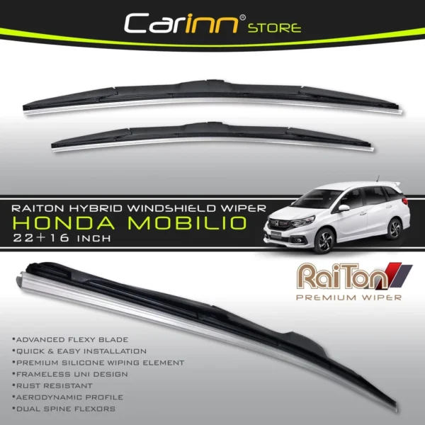 Raiton Sepasang Wiper Hybrid Kaca Depan Mobil Honda Mobilio 22" & 16" -2 Buah/Set - Hitam