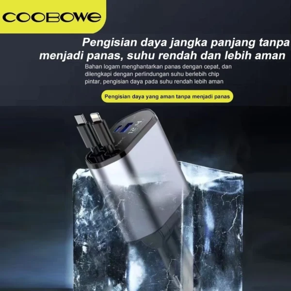 COOBOWE MLB02 PD 120W Fast Car Charger Rectractable Cable 4 In 1 Type-C & Lightning USB Pengisi Daya Mobil Pengisian Cepat - Image 2