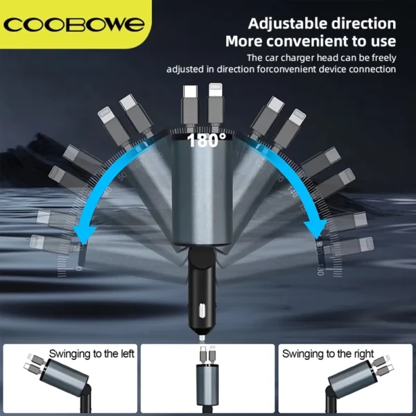 COOBOWE MLB02 PD 120W Fast Car Charger Rectractable Cable 4 In 1 Type-C & Lightning USB Pengisi Daya Mobil Pengisian Cepat - Image 3