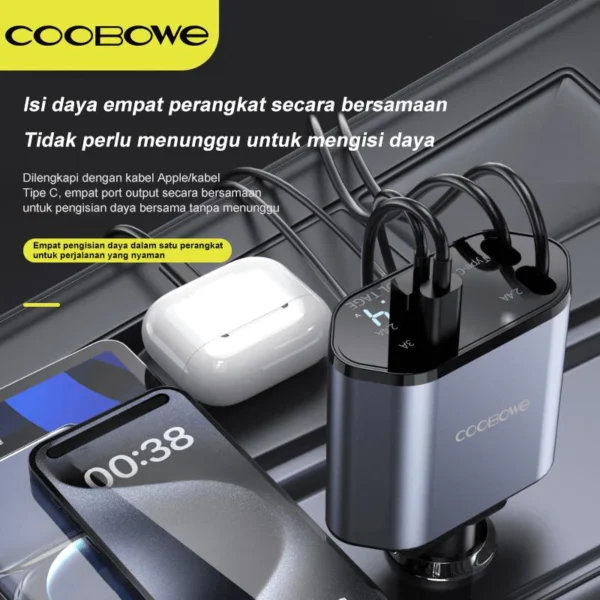 COOBOWE MLB02 PD 120W Fast Car Charger Rectractable Cable 4 In 1 Type-C & Lightning USB Pengisi Daya Mobil Pengisian Cepat - Image 7