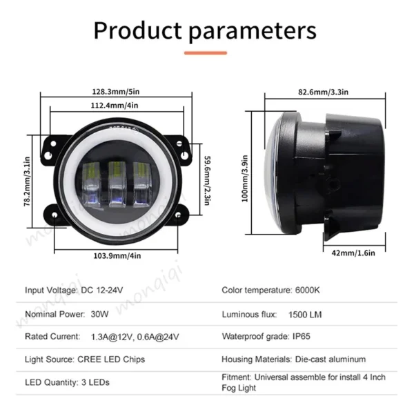 Monqiqi 2PCS Lampu Kabut LED Sepeda Motor Mobil 4 Inch 3 Lensa Full Ring 2 Warna - Image 5