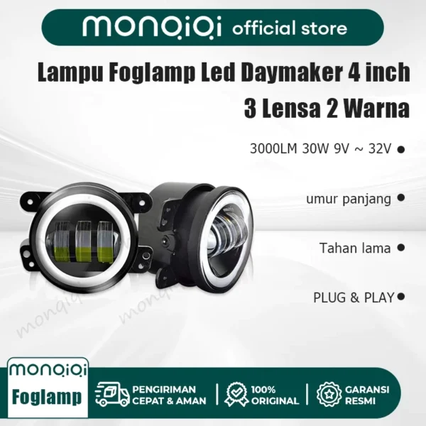 Monqiqi 2PCS Lampu Kabut LED Sepeda Motor Mobil 4 Inch 3 Lensa Full Ring 2 Warna