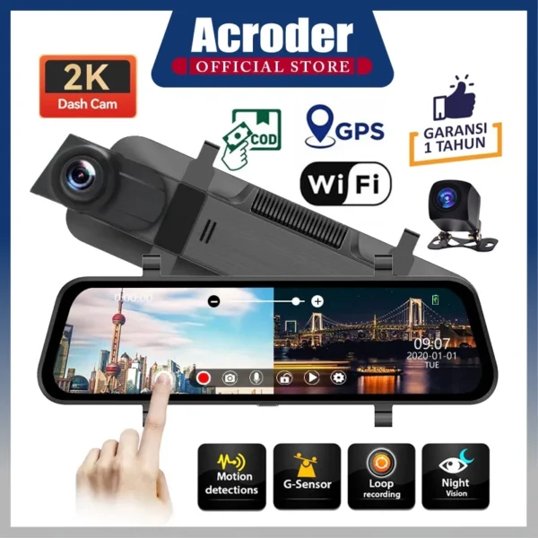 Acroder Dashcam Mobil WIFI 2K 10 Inch Layar Sentuh IPS Night Vision Dual Lens Perekaman Loop 24 jam