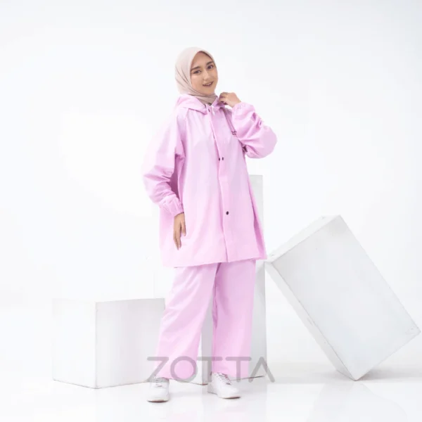 ZOTTA Jas Hujan Wanita Pink Pastel Lucu Aesthetic Stelan Celana - Image 2