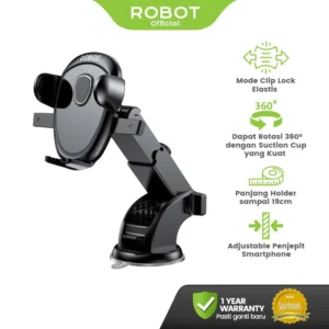 ROBOT Universal Car Holder Rotasi 360 Derajat Triangle Lock Design Suction Cup Stand Holder HP Mobil RT-CH11S Original – Garansi 1