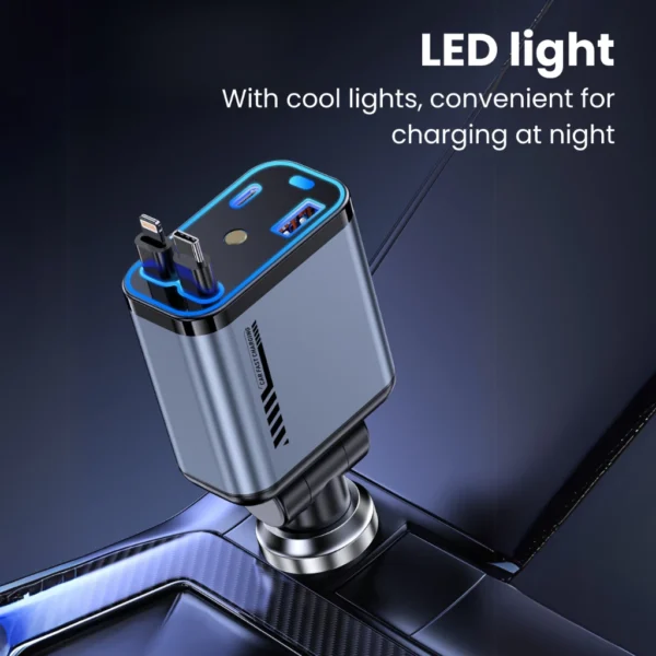 UPLU 4 In 1 Car Charger Retractable LED PD 120W Fast Charging Colokan Mobil Motor Type C & Lightning - Image 2