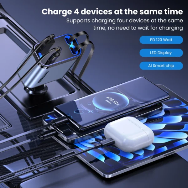 UPLU 4 In 1 Car Charger Retractable LED PD 120W Fast Charging Colokan Mobil Motor Type C & Lightning - Image 3