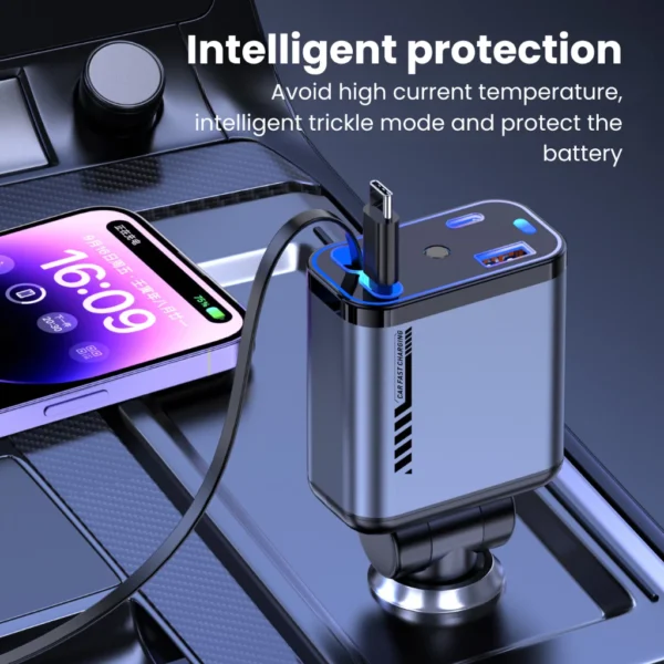 UPLU 4 In 1 Car Charger Retractable LED PD 120W Fast Charging Colokan Mobil Motor Type C & Lightning - Image 5
