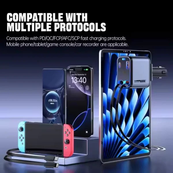 UPLU 4 In 1 Car Charger Retractable LED PD 120W Fast Charging Colokan Mobil Motor Type C & Lightning - Image 7