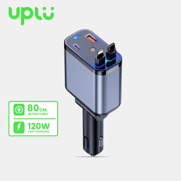 UPLU 4 In 1 Car Charger Retractable LED PD 120W Fast Charging Colokan Mobil Motor Type C & Lightning